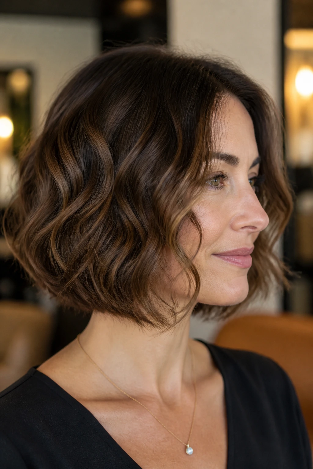 Close-up of a real woman showing a curved-in neck-length bob with inward curl.