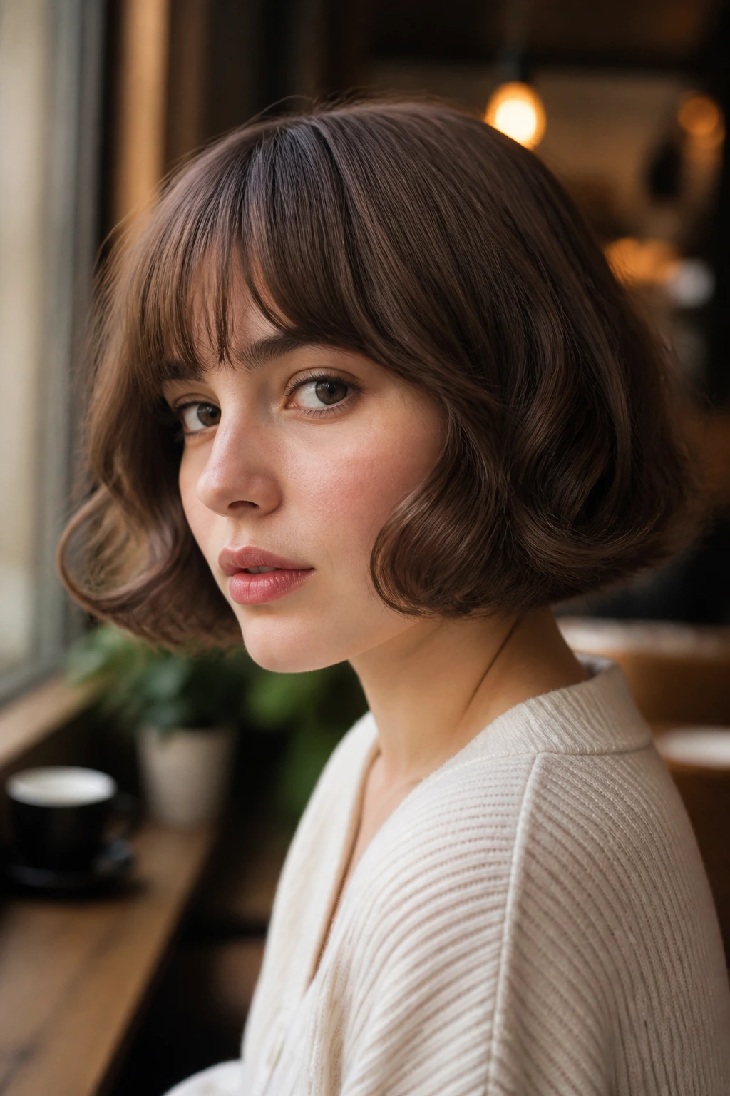 Close-up portrait of a real woman with inward-curved pageboy ends following the jawline