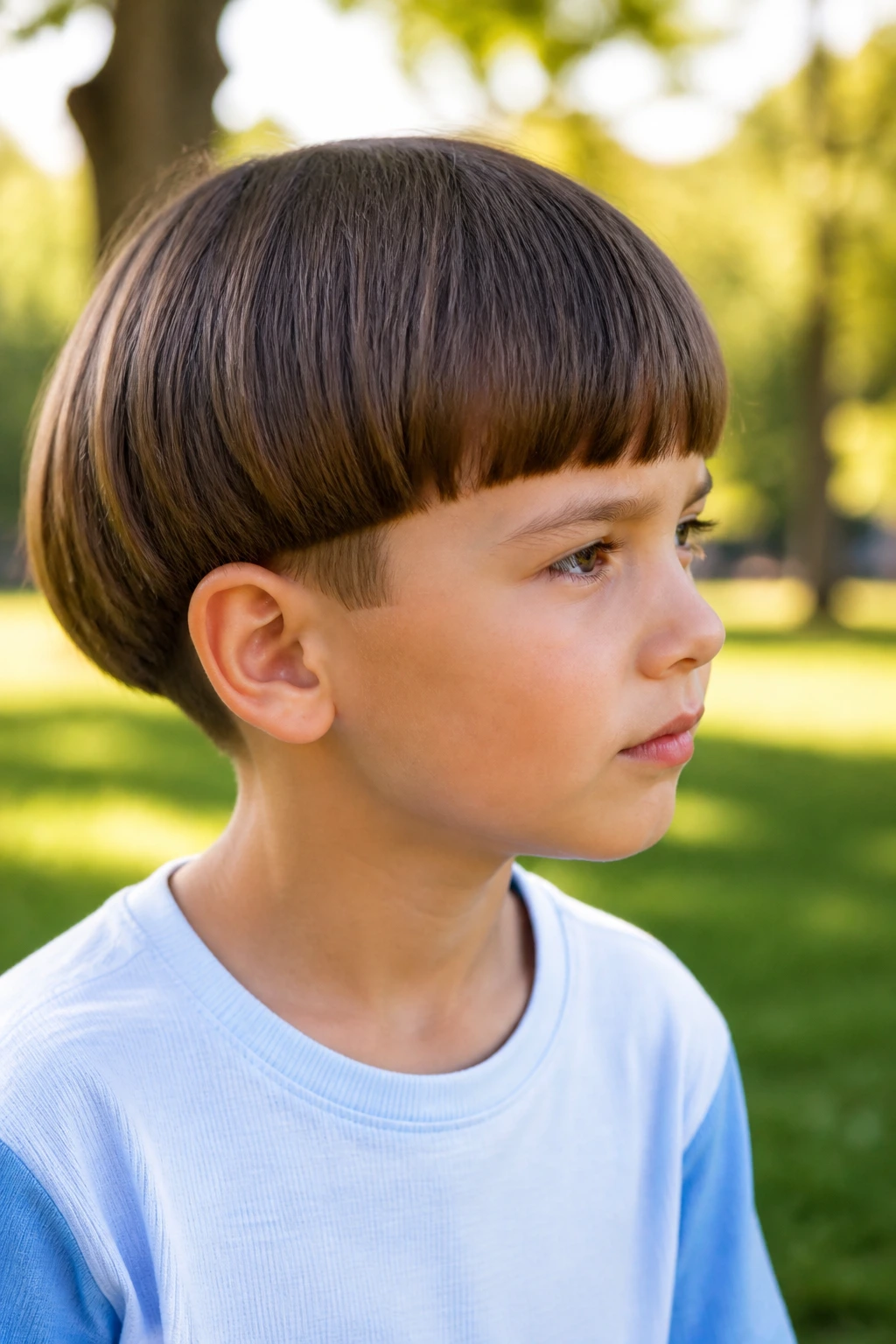 Portrait of a boy with curved pageboy bob and clean sides.