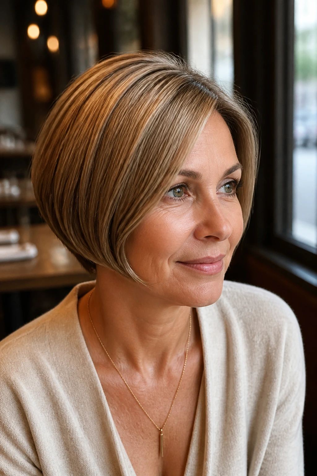 Close-up of a real woman with curved pageboy bob in soft cafe lighting.