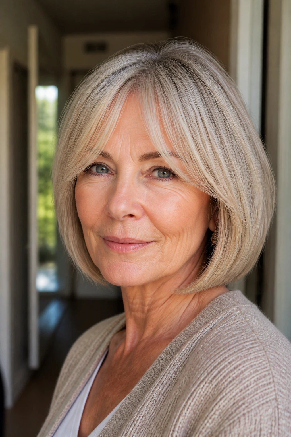 Close-up portrait of a real woman with a curved pageboy and curtain bangs