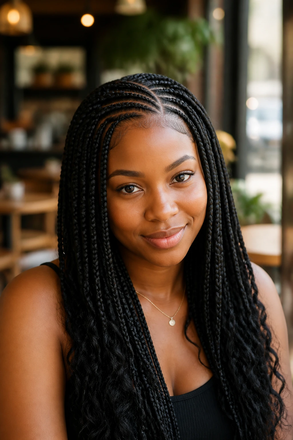 Close-up of a real woman with curved-part box braids.