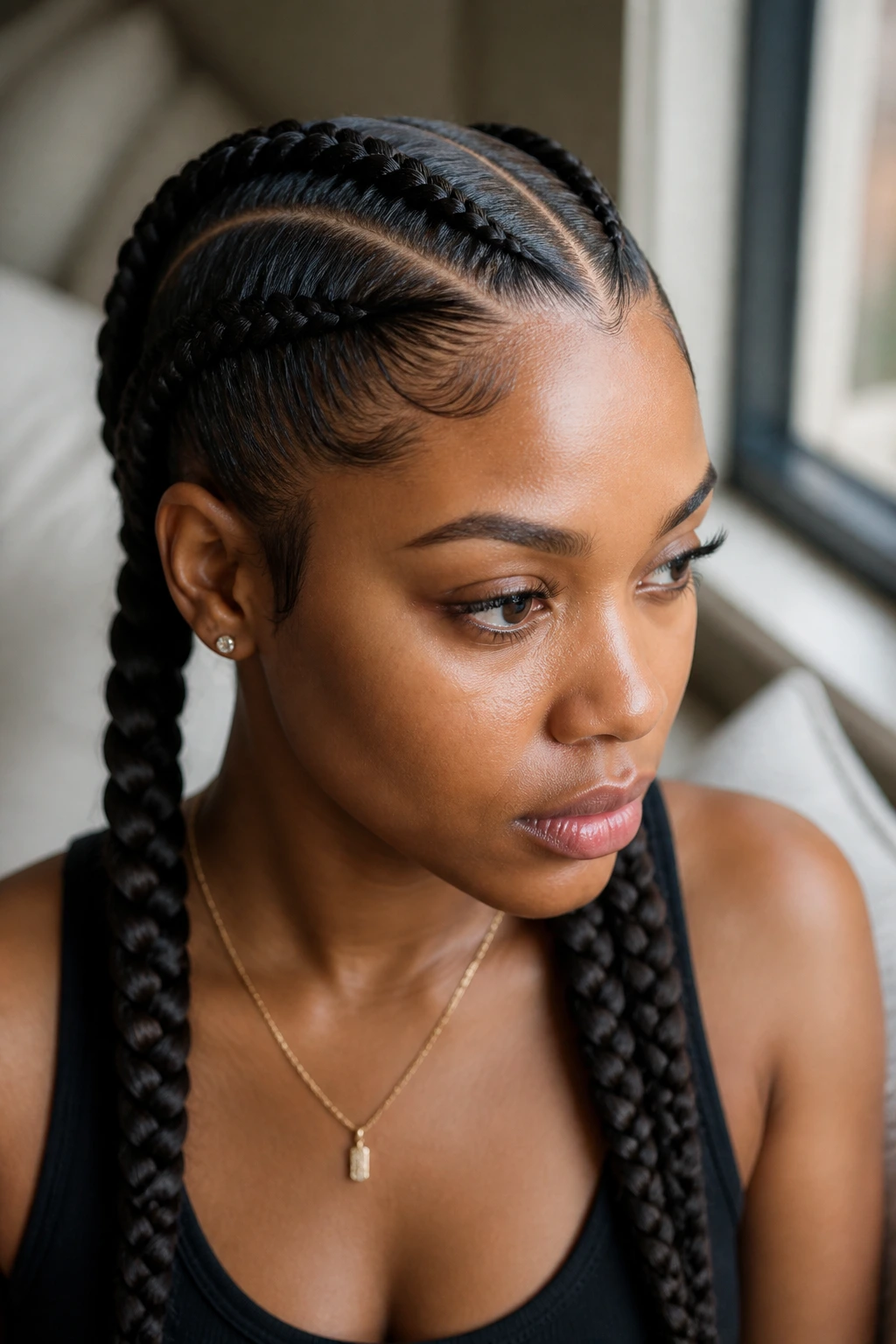Real woman with curved-part double Dutch braids under soft window light