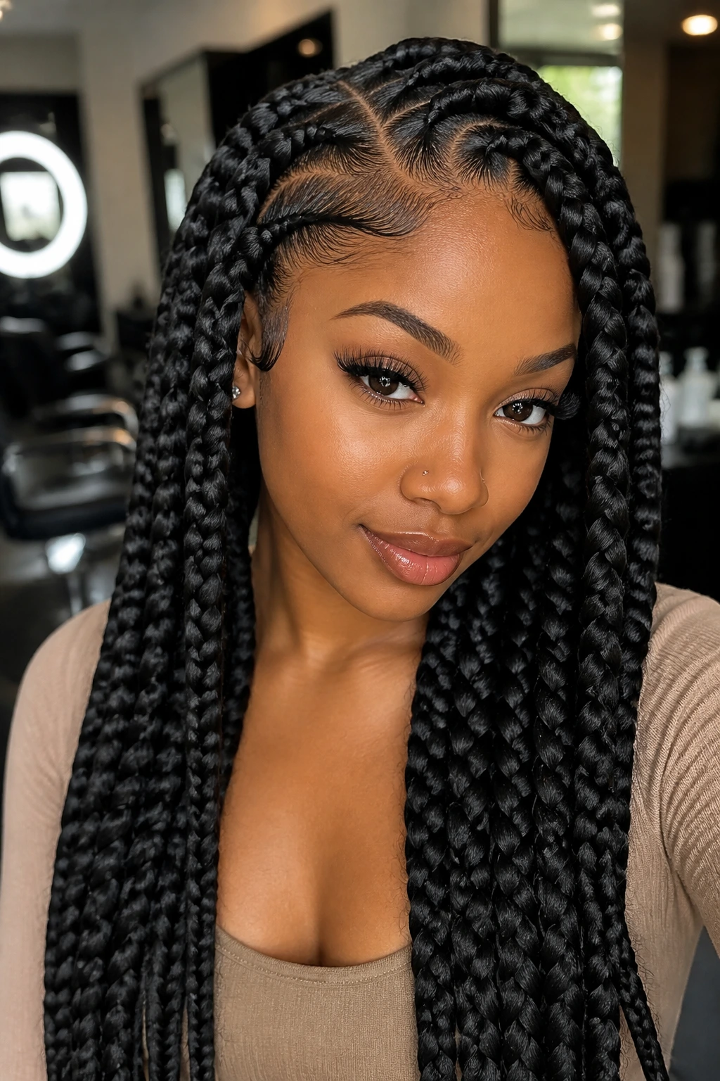 Portrait of curved-part jumbo braids on a real person.