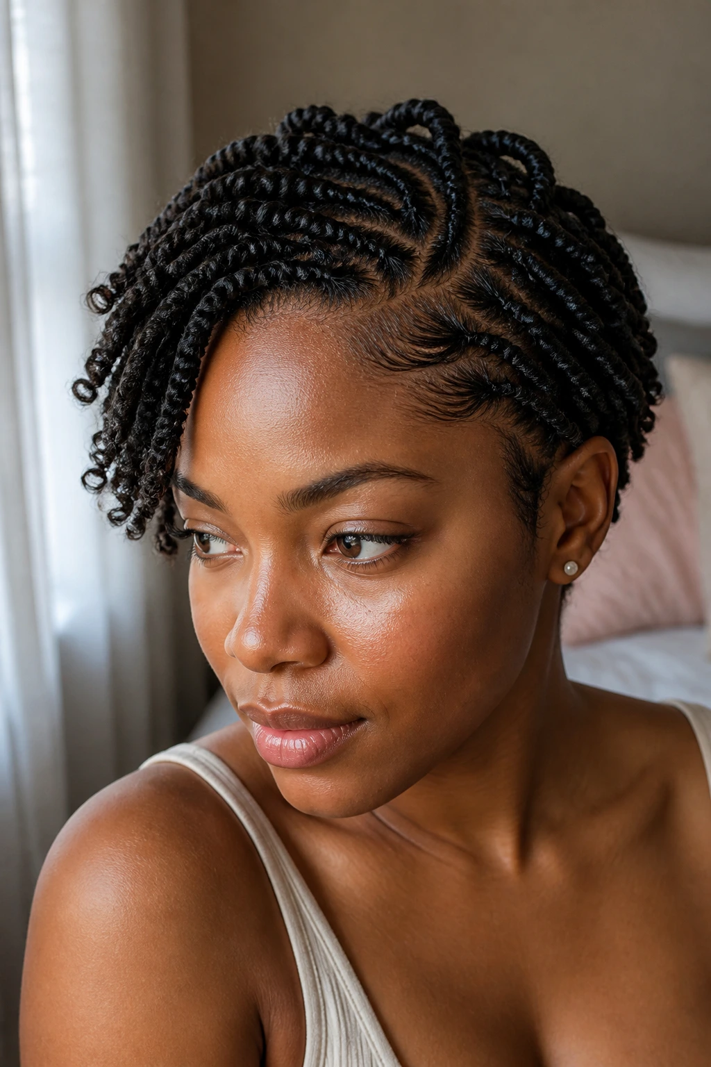 Close-up of a real woman with curved-part twists