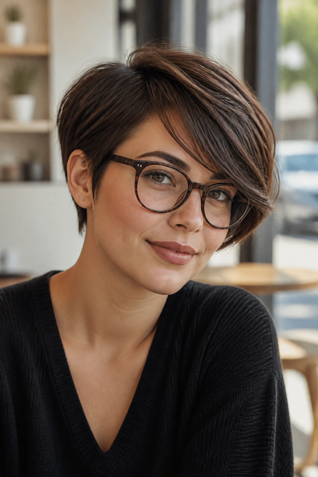 Portrait of a person with curved pixie bob and soft sweep bangs