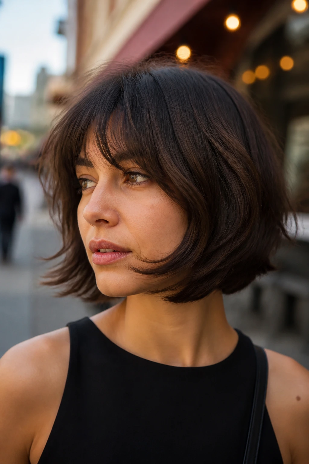Portrait of a person with curved shag bob and chin-frame sweep