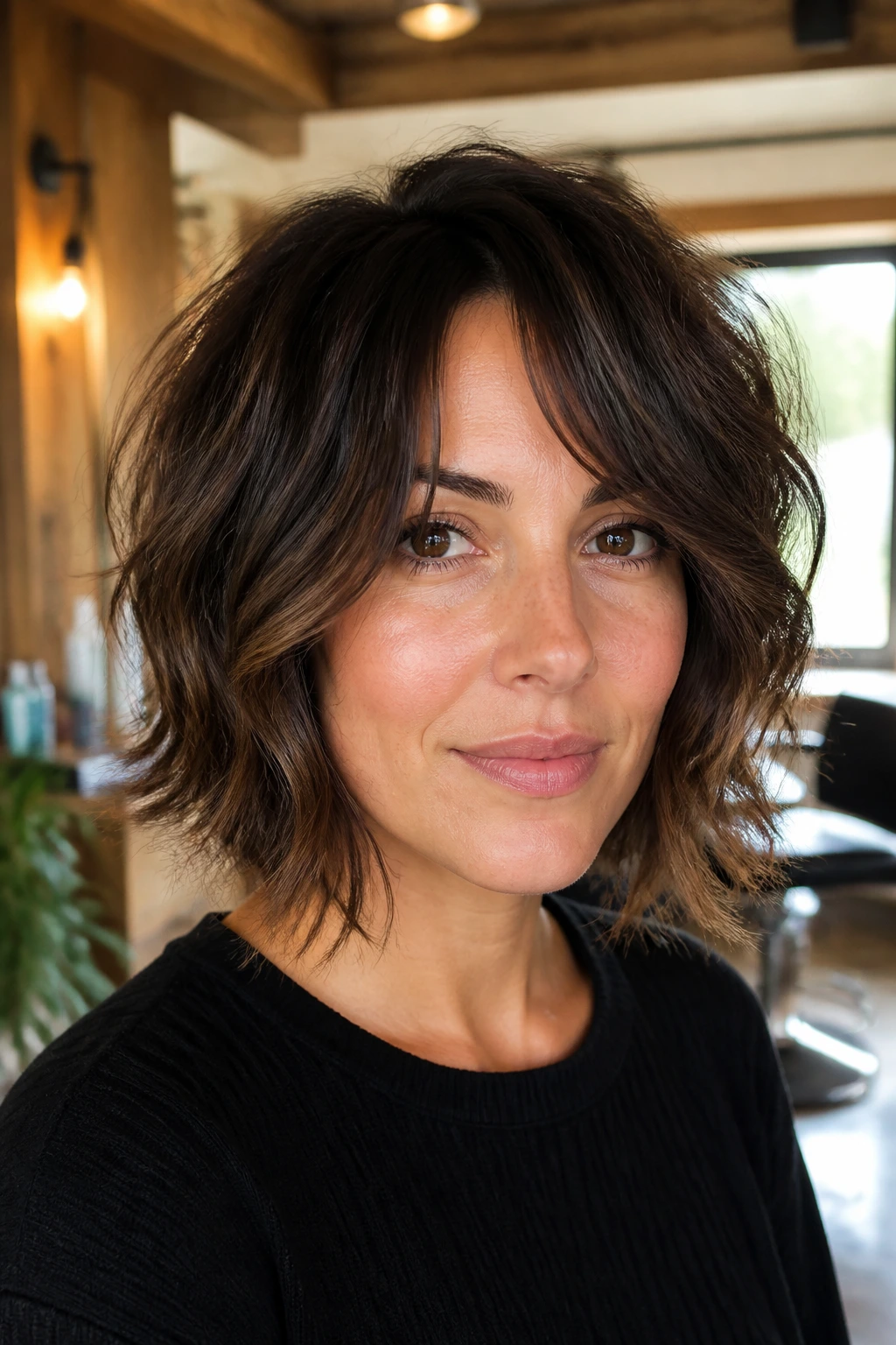 Close-up portrait of a real woman with curved shag bob in a sunlit cozy salon
