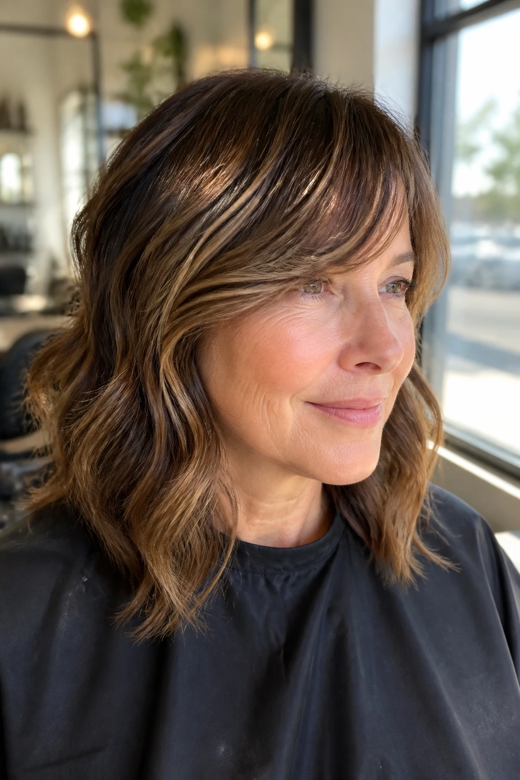 Close-up of a real woman with curved side fringe in warm window light