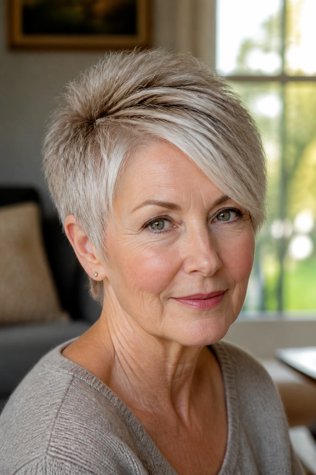 Close-up portrait of an older woman with a curved side-part pixie in warm window-light.