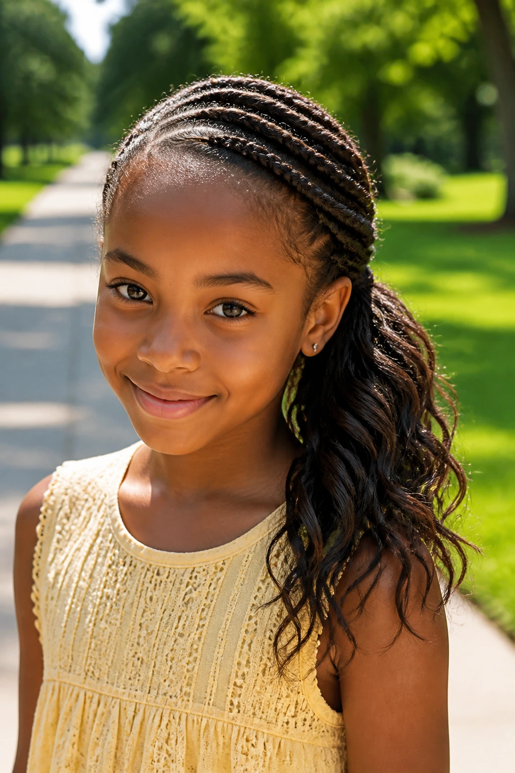 Close-up of a real girl with a curved side twist pony