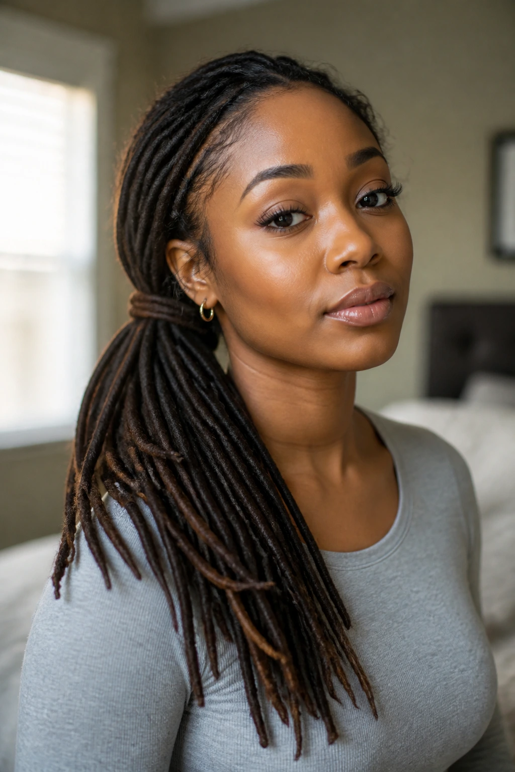 Close-up portrait of a real woman with a curved side ponytail made from locs resting on her shoulder.