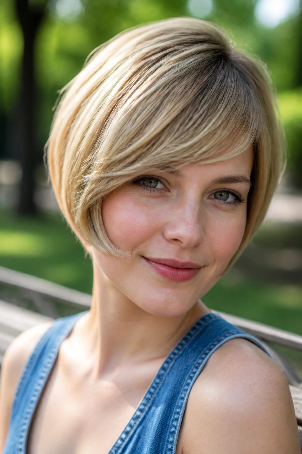 Real woman with curved side-swept bowl haircut outdoors