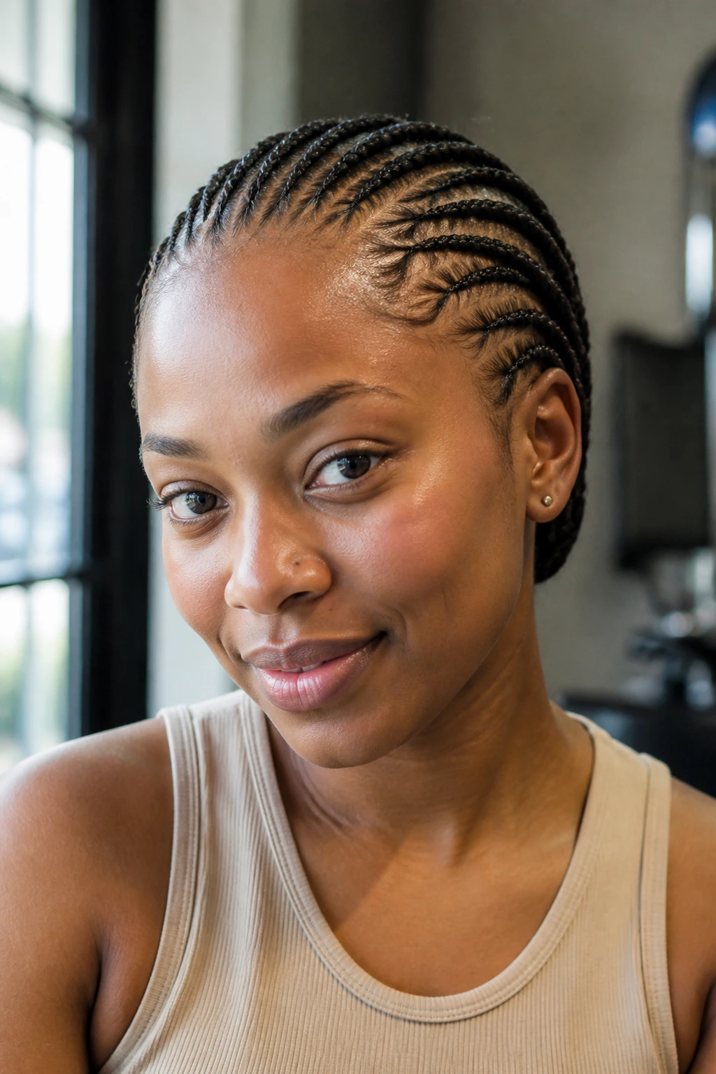 Close-up of curved stitch braids flowing along the head on a real person