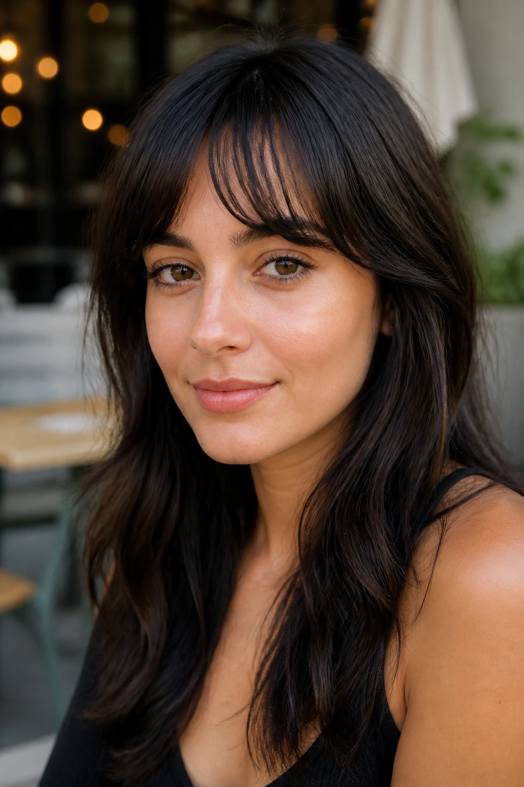 Close-up of a real woman with curved swoop bangs following the brow line