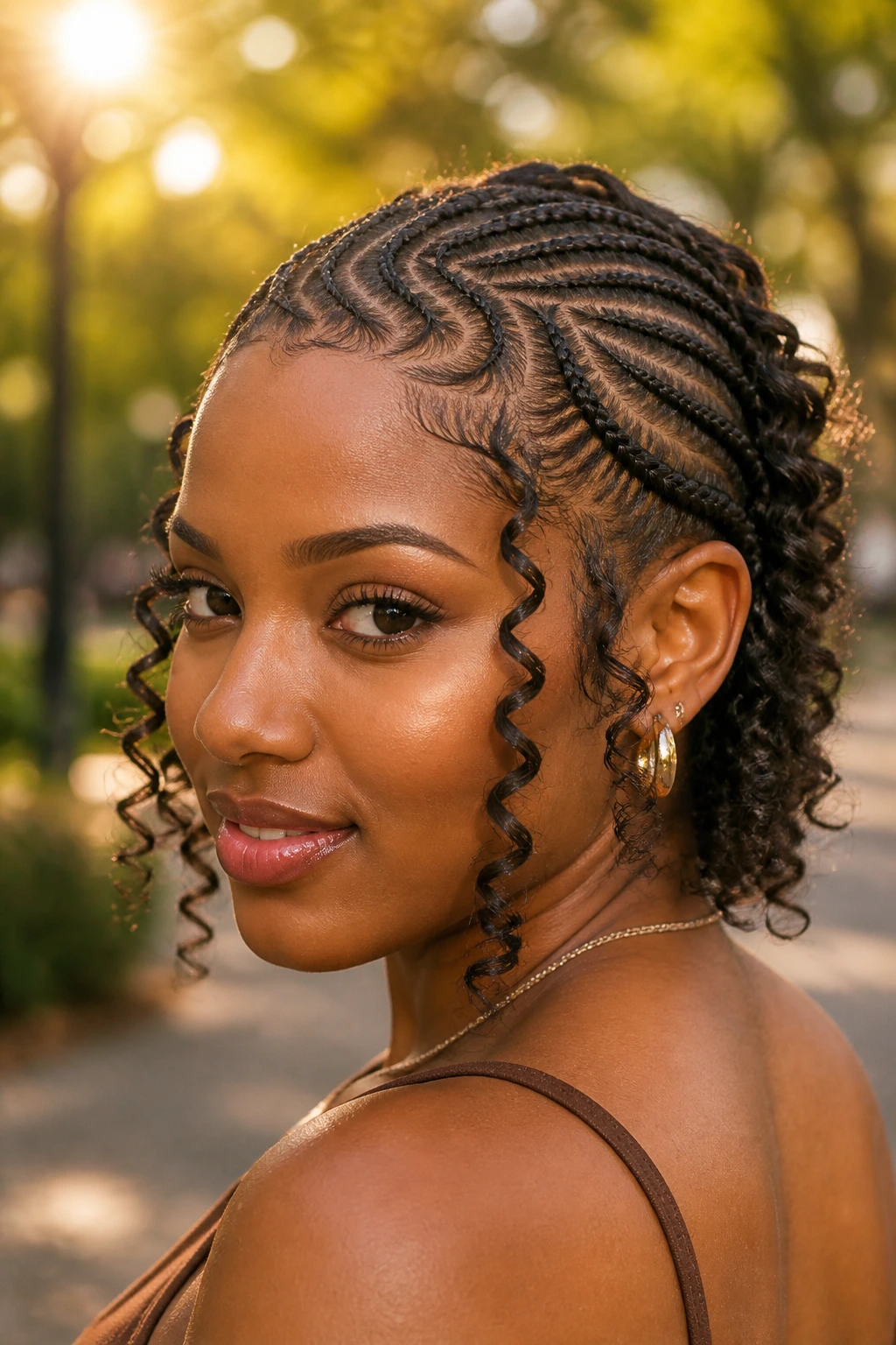 Close-up of a real person with curved swoop cornrows and face framing spirals in golden hour light
