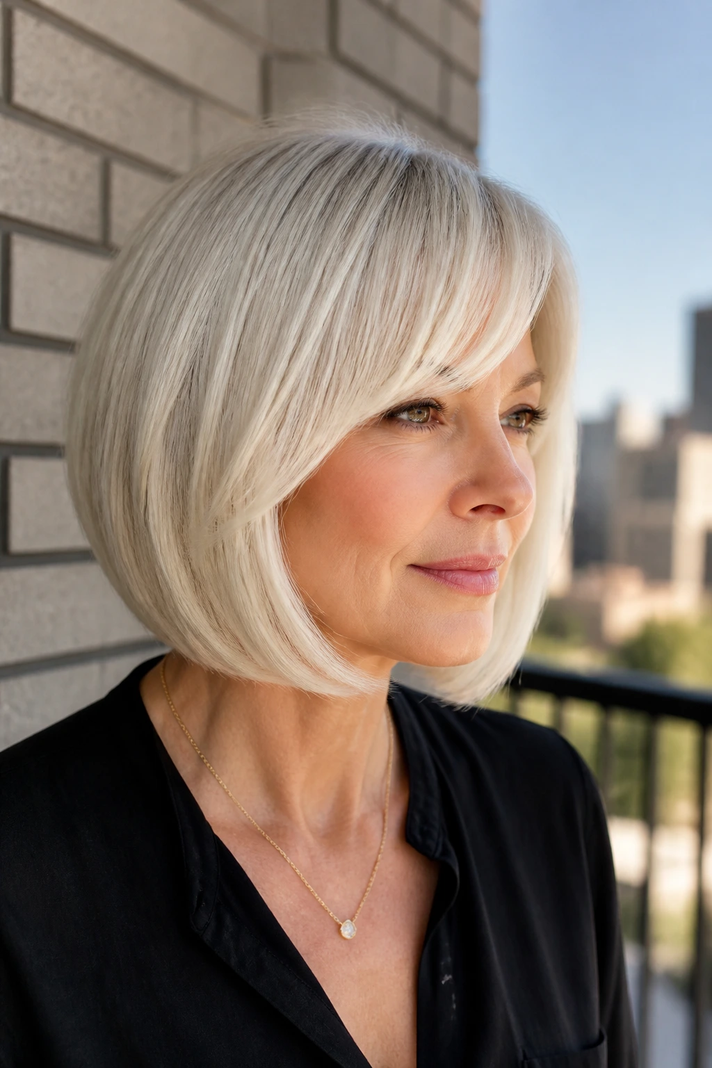 Close-up of a real woman with curved U-shape bob and soft bang arc.