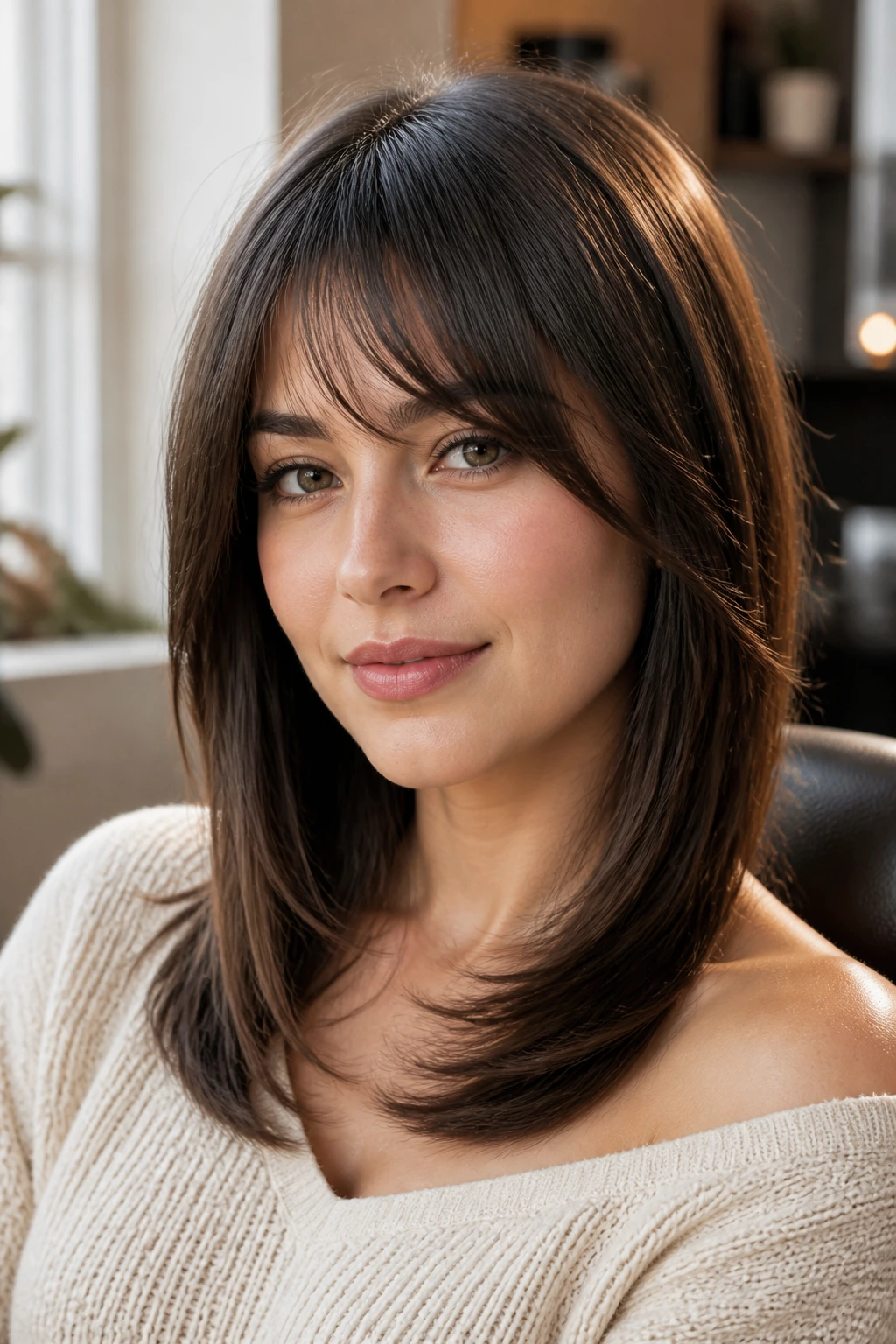 Close-up portrait of a real woman with curved U-shaped haircut and light fringe