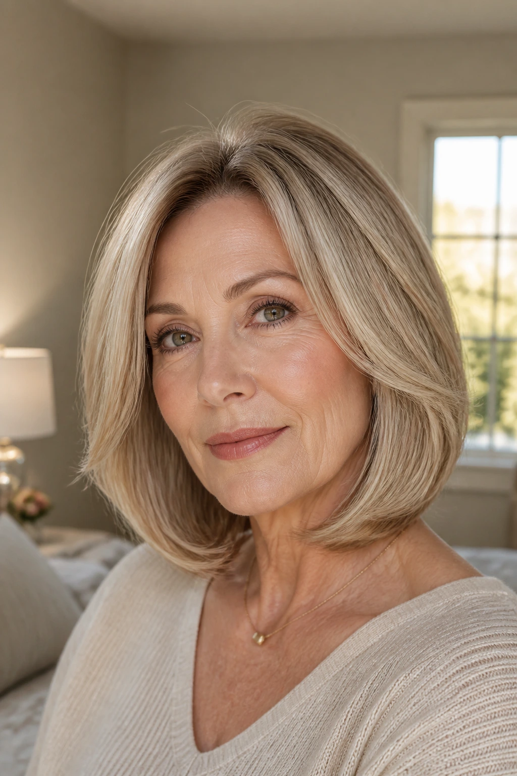 Close-up of real woman with Curved-Under Blowout Bob in warm window light