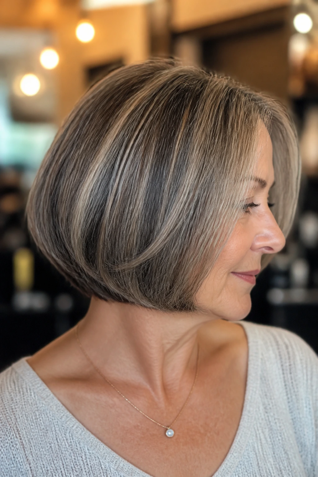 Side-profile portrait of a woman with a curved-under bob.