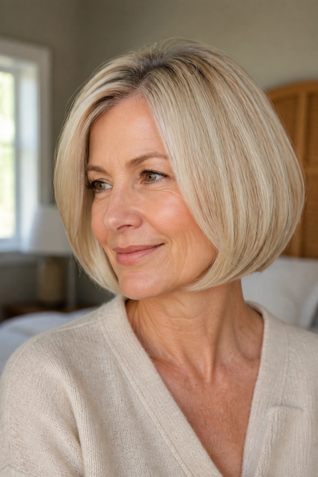 Close-up of a real woman with curved-under bob in creamy blonde tones, soft natural light.