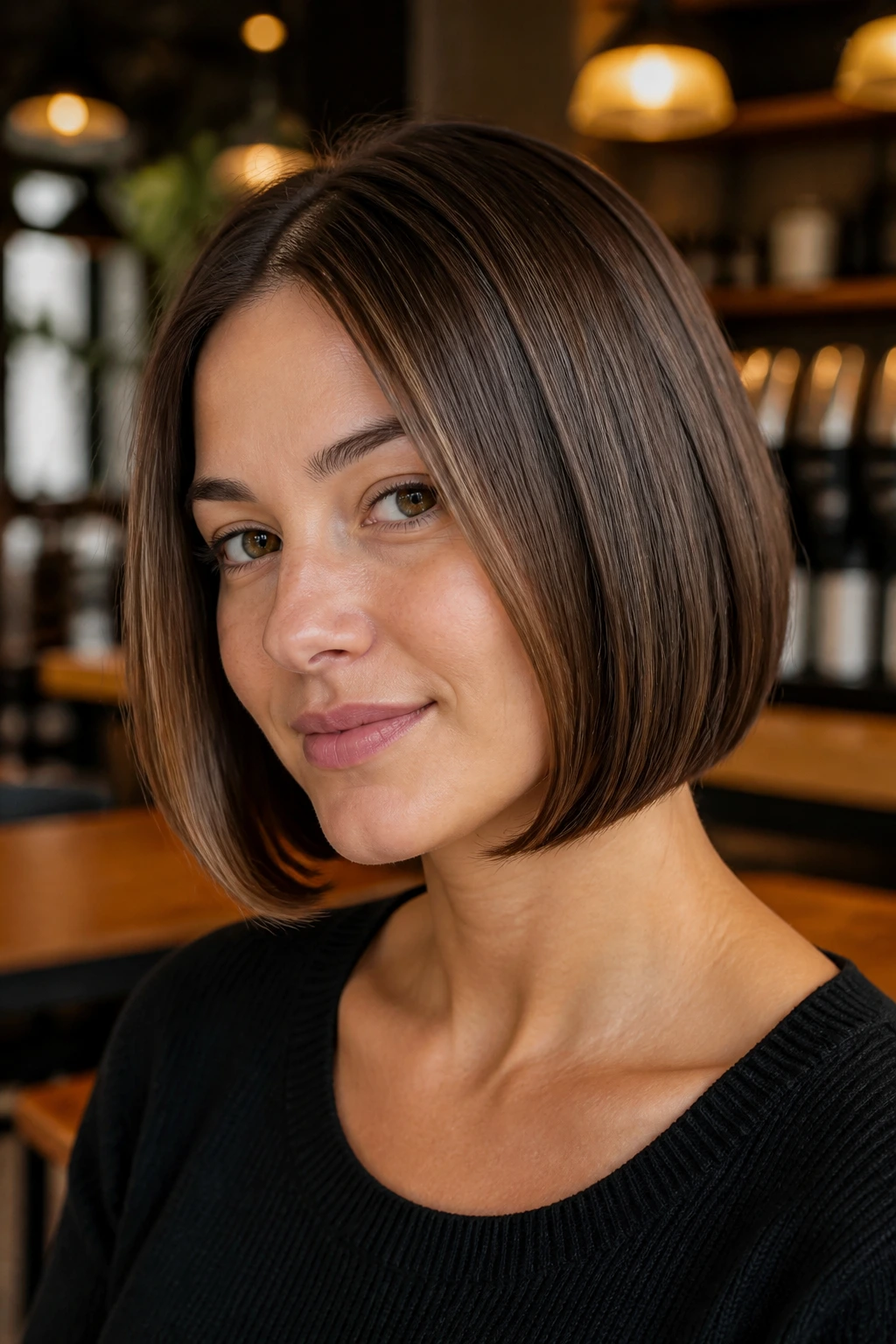 Portrait of a woman with a curved-under bob and blunt perimeter in warm cafe lighting
