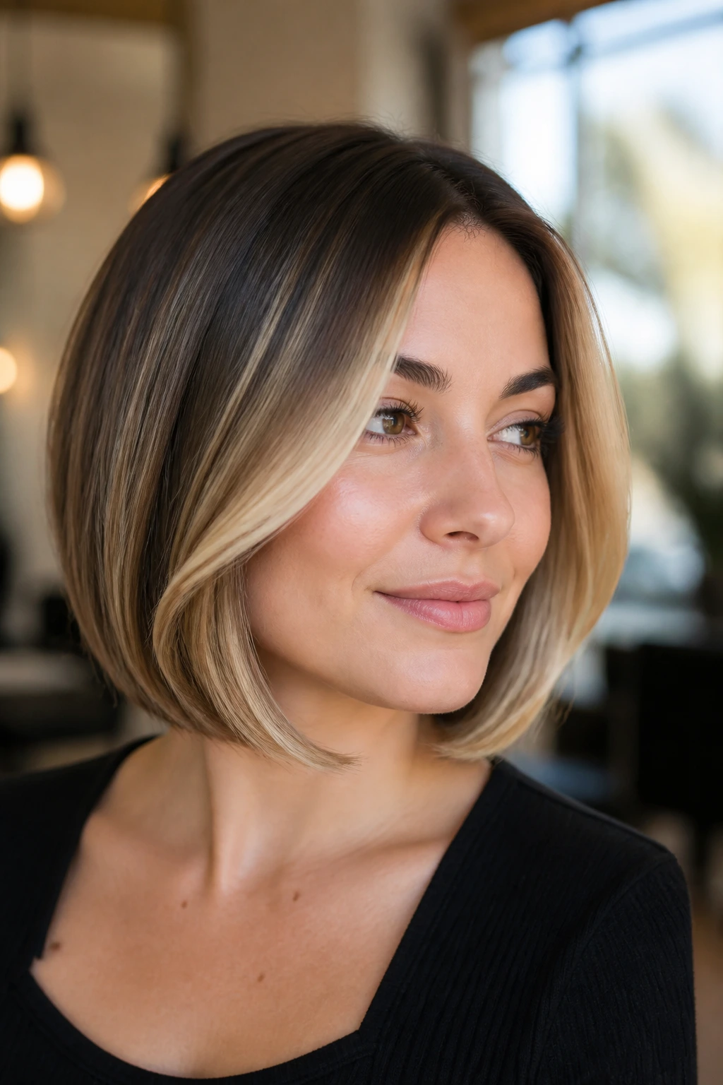 Portrait of a real woman with a curved-under bob highlighting cheekbone with angled money piece