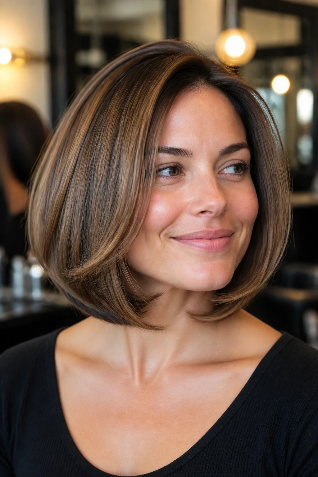 Portrait of a real woman with a curved under bob.