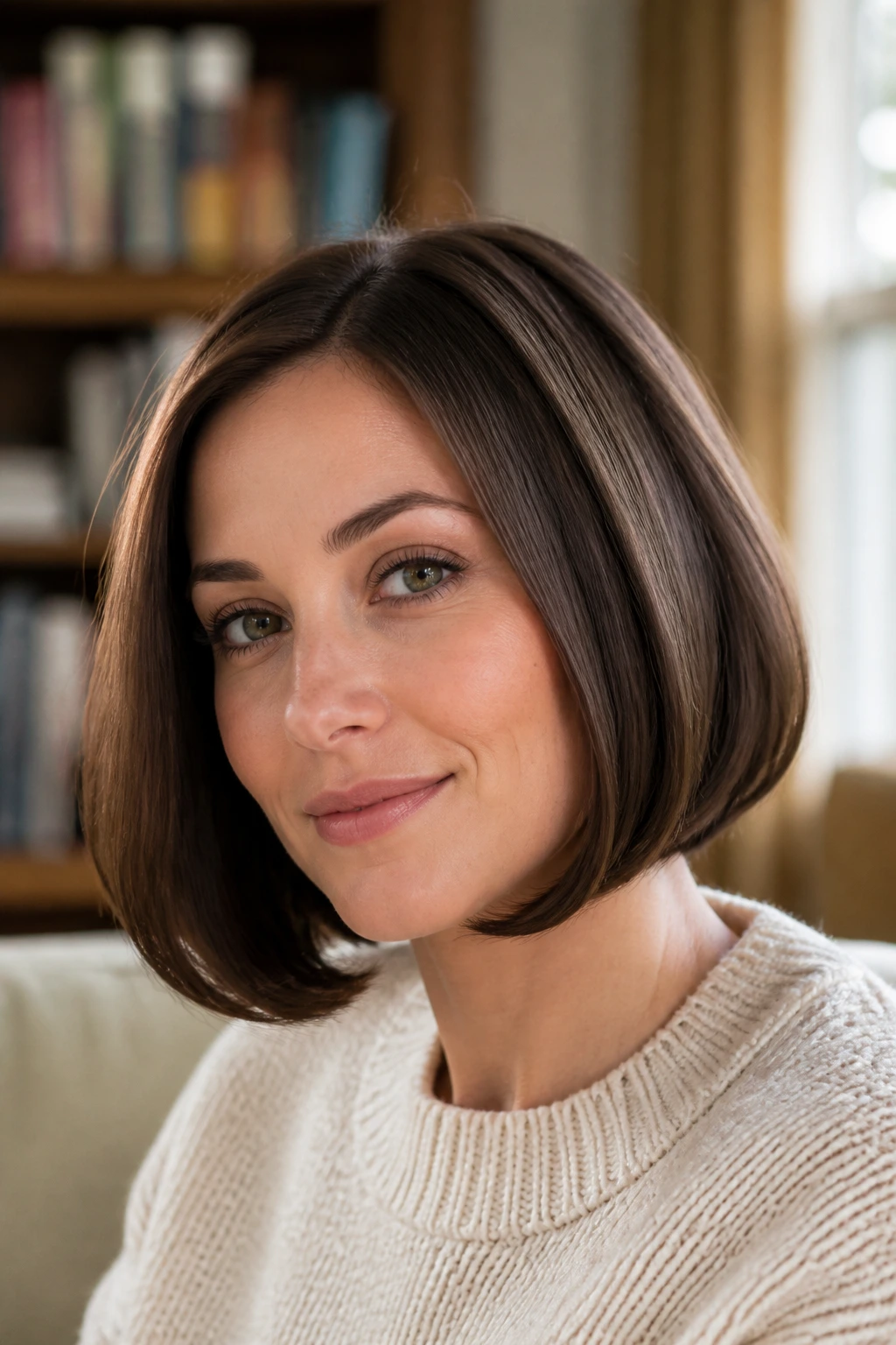 Close-up of a real woman with a curved-under bob hairstyle
