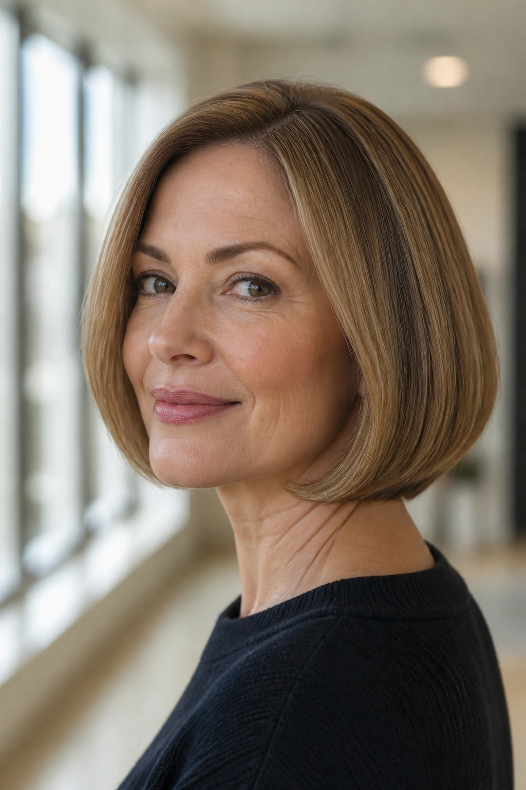 Close-up portrait of a real woman with curved-under bob and polished ends
