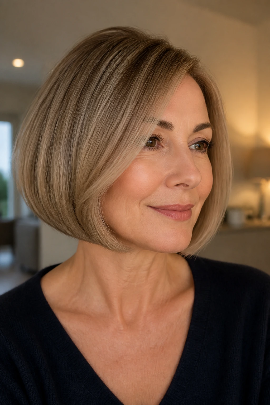 Real woman with a curved-under bob, ends curved under the jaw in warm light.