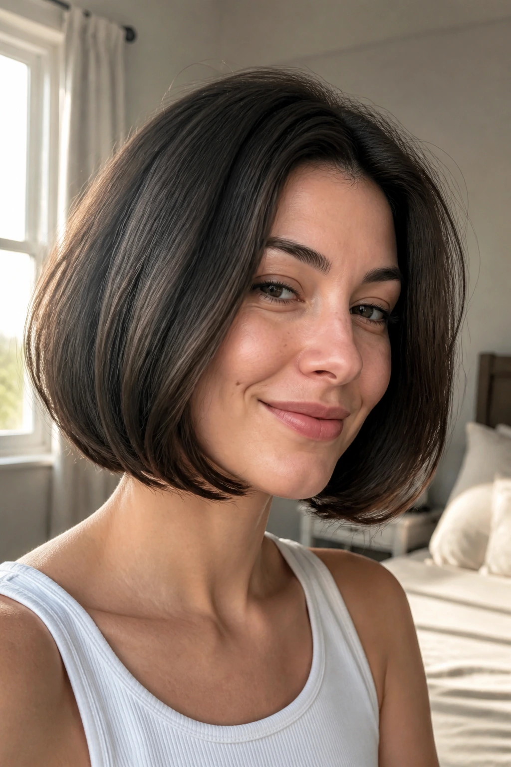 Close-up portrait of a real woman with a curved-under bob and thick hair in a sunlit room.