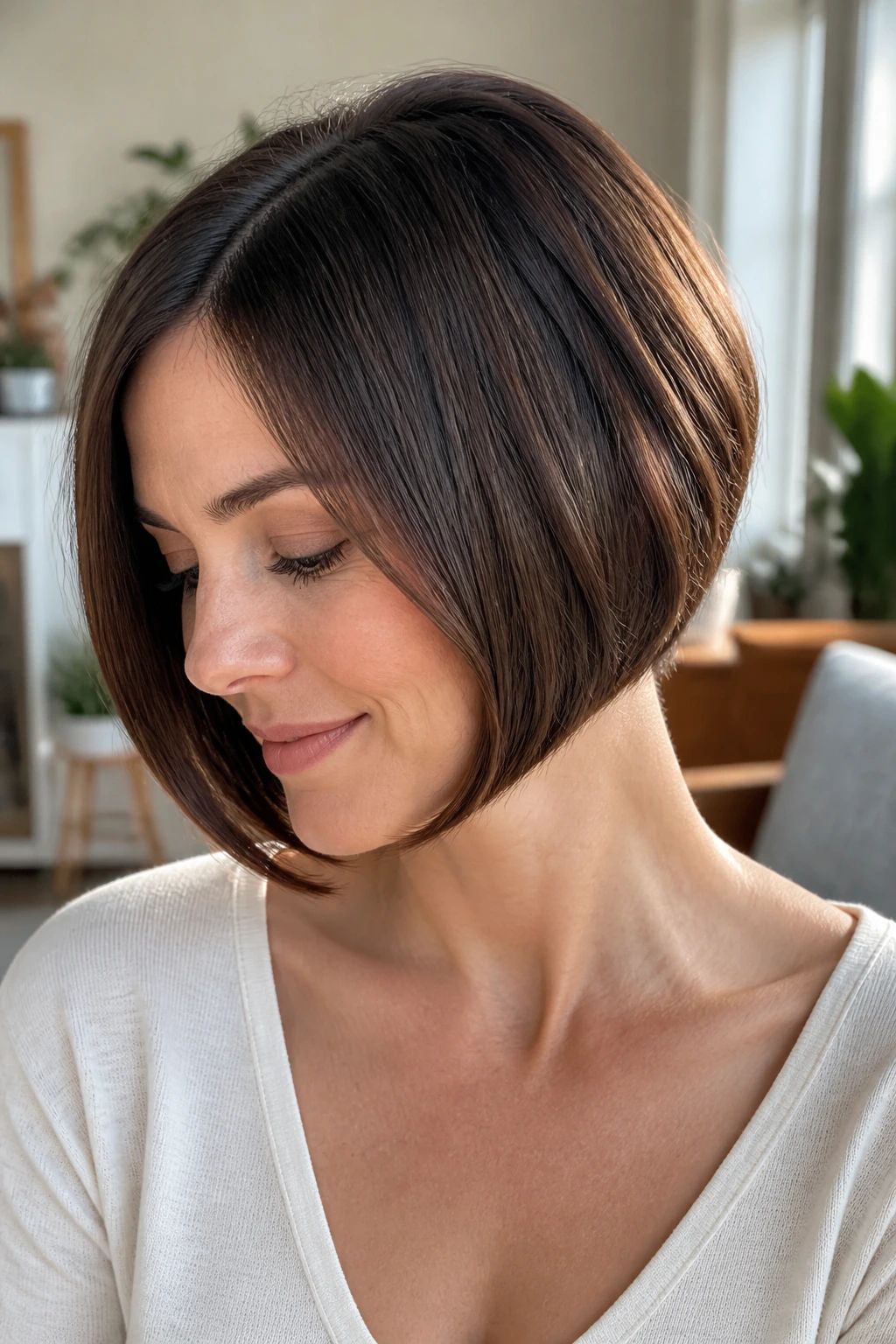 Close-up of a real woman with a Curved-Under Bob and underbevel