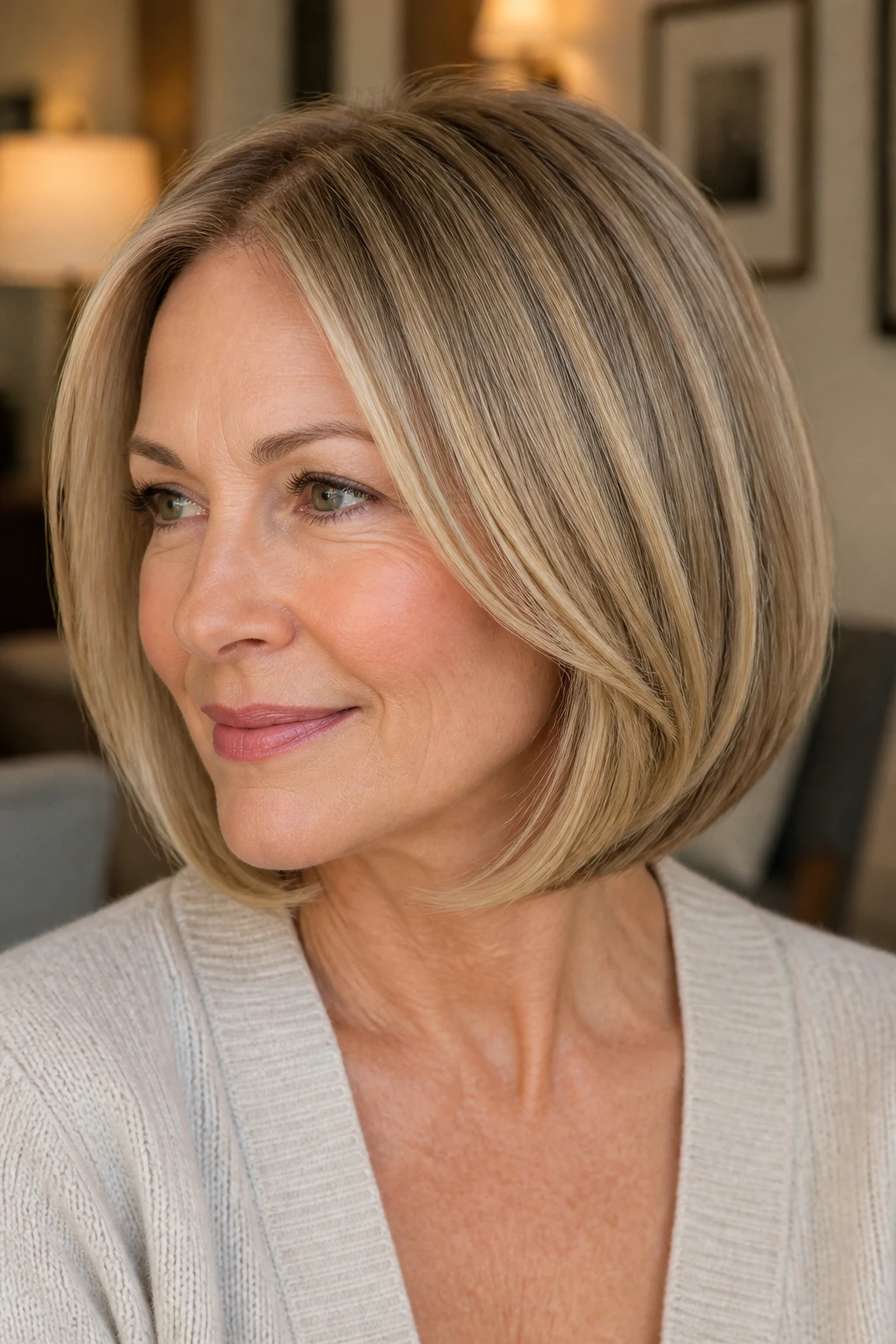 Portrait of a real woman with curved-under bob and vanilla babylights