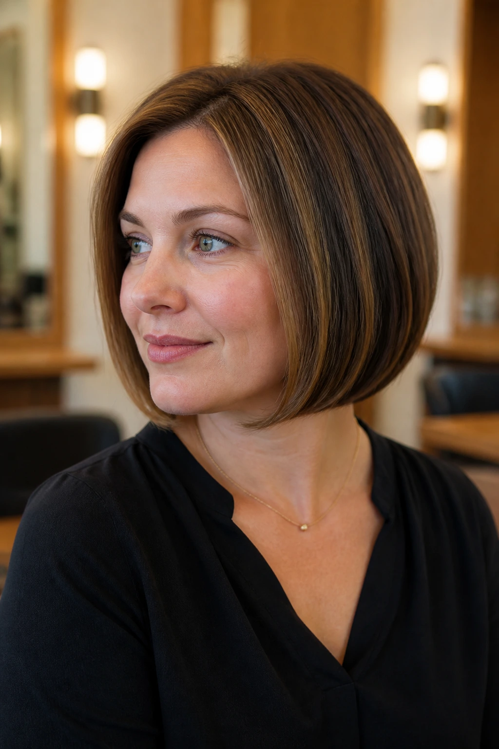Close-up of a woman with a chin-length curved-under bob.
