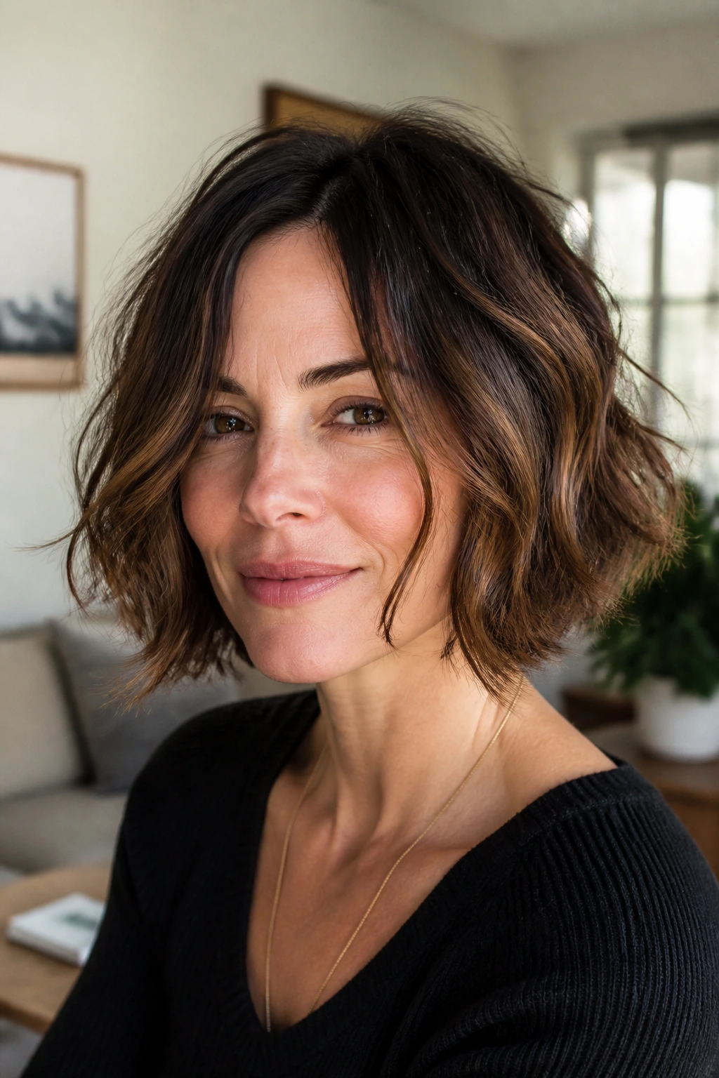 Close-up portrait of a real woman with curved-under choppy bob in a modern living room