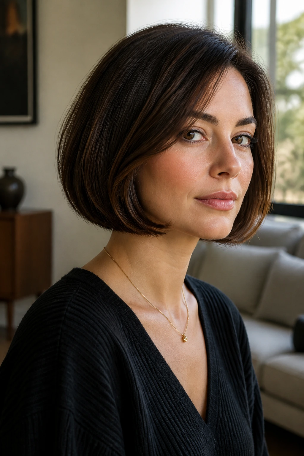 Close-up of real woman with curved-under French bob, showing inward bend at the ends.