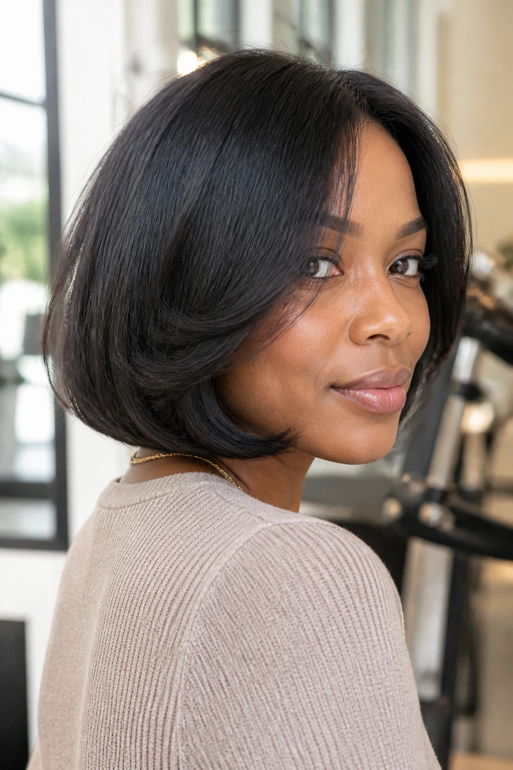 Close-up of a real woman with a curved-under bob and a loose bend.