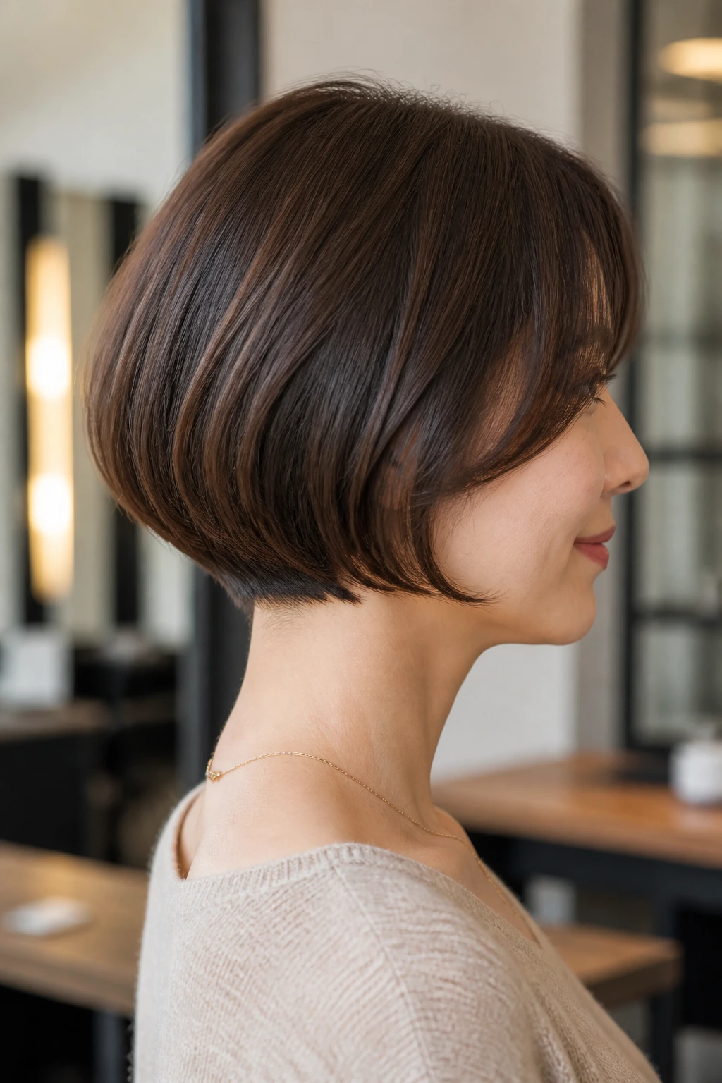 Profile of real person with curved-under nape bob.
