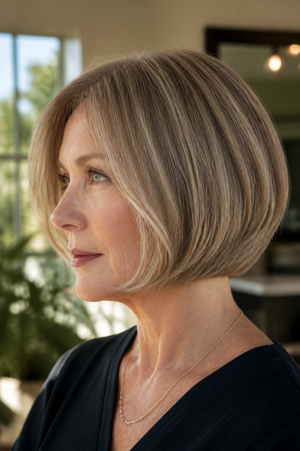 Portrait of a real woman with curved-under pageboy hugging the jawline and tucked ends.