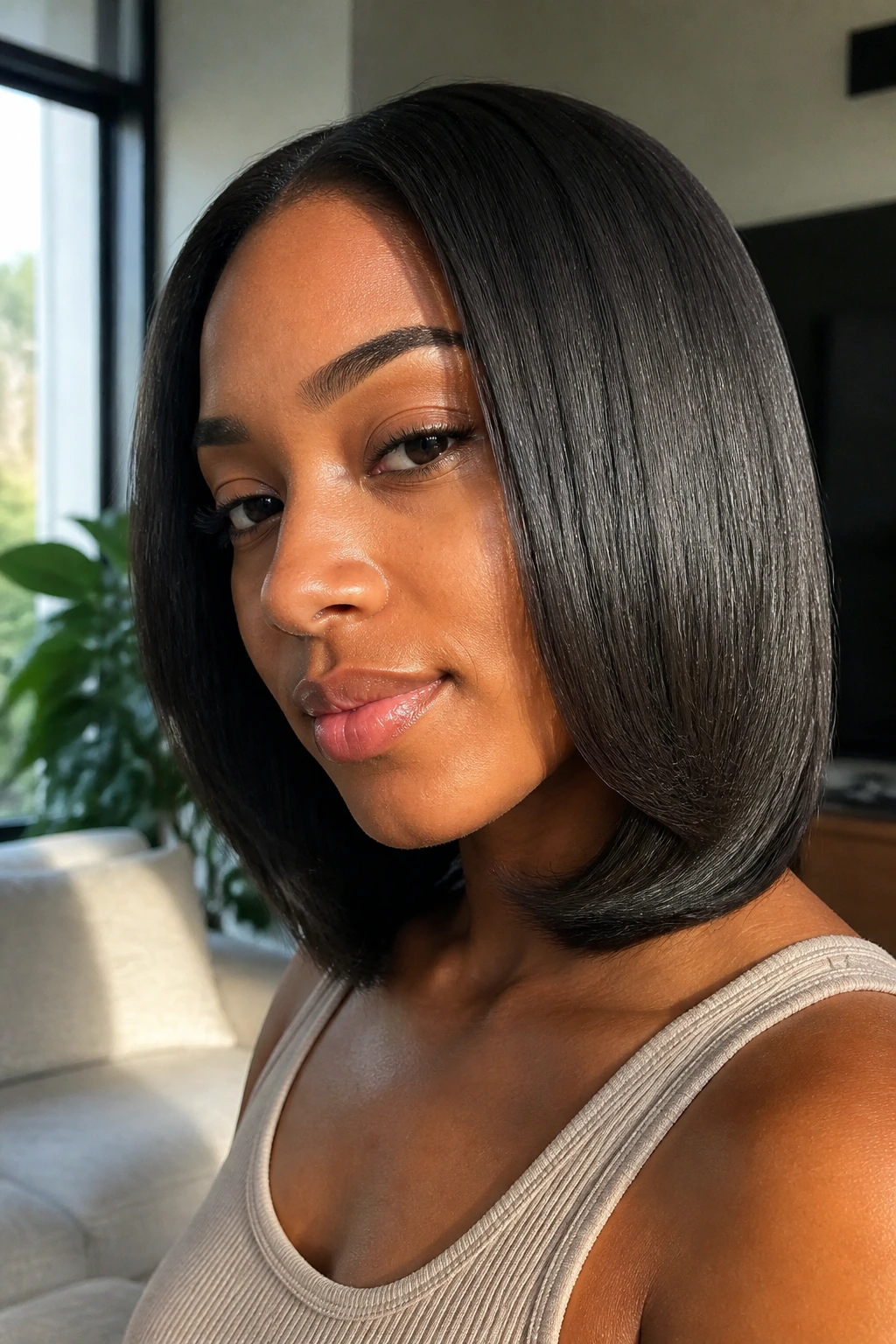Real woman with curved-under silk press lob in a close-up portrait.