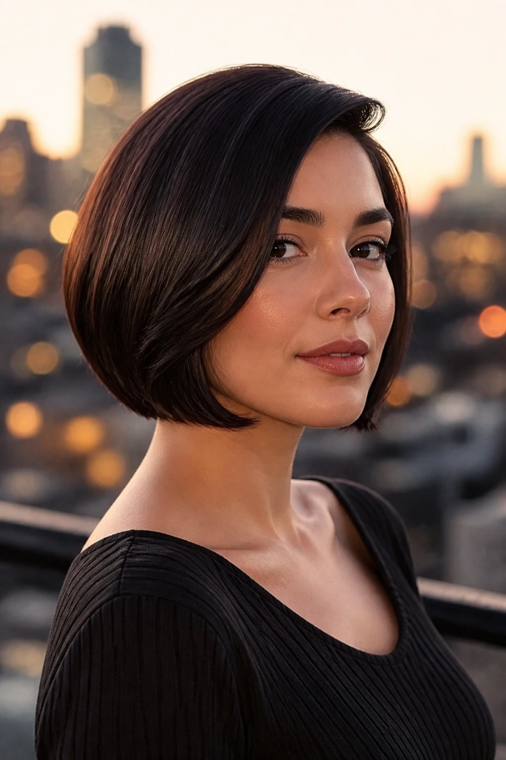 Close-up of a real woman with curved-underline bob and polished finish