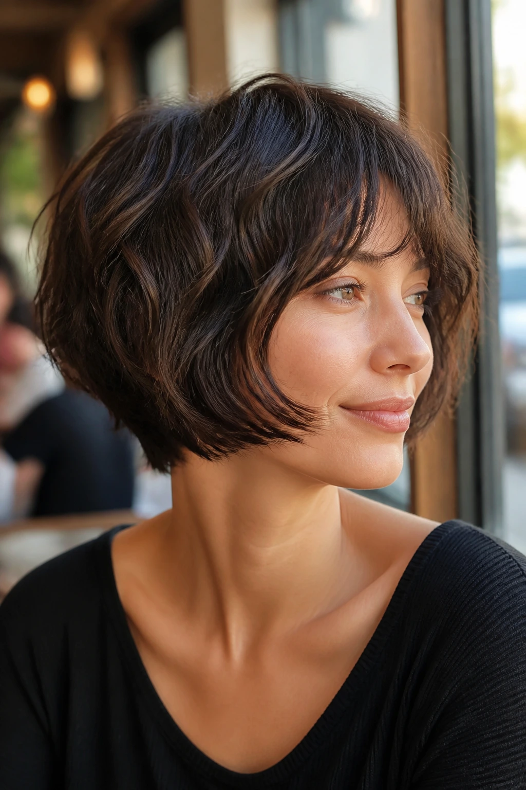 Close-up of real woman with Curved Wolf Bob in natural light