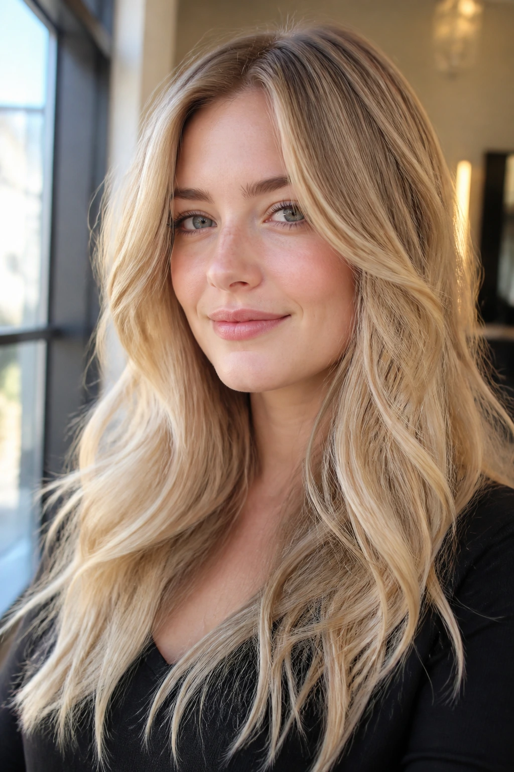 Close-up of a real woman with dimensional custard blonde hair showing internal layers