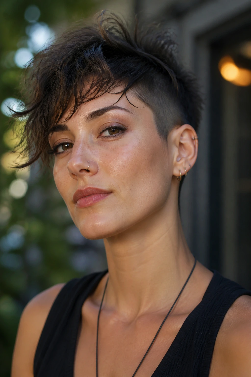 Portrait of a person with a customized short hairstyle blending softness and edge