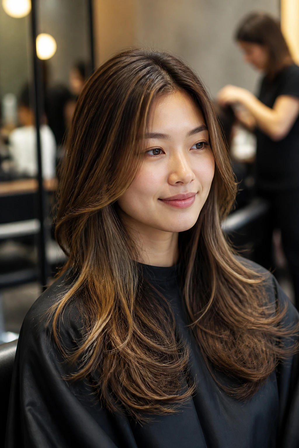 Real person in a salon chair with long layered hair and caramel color, looking confident