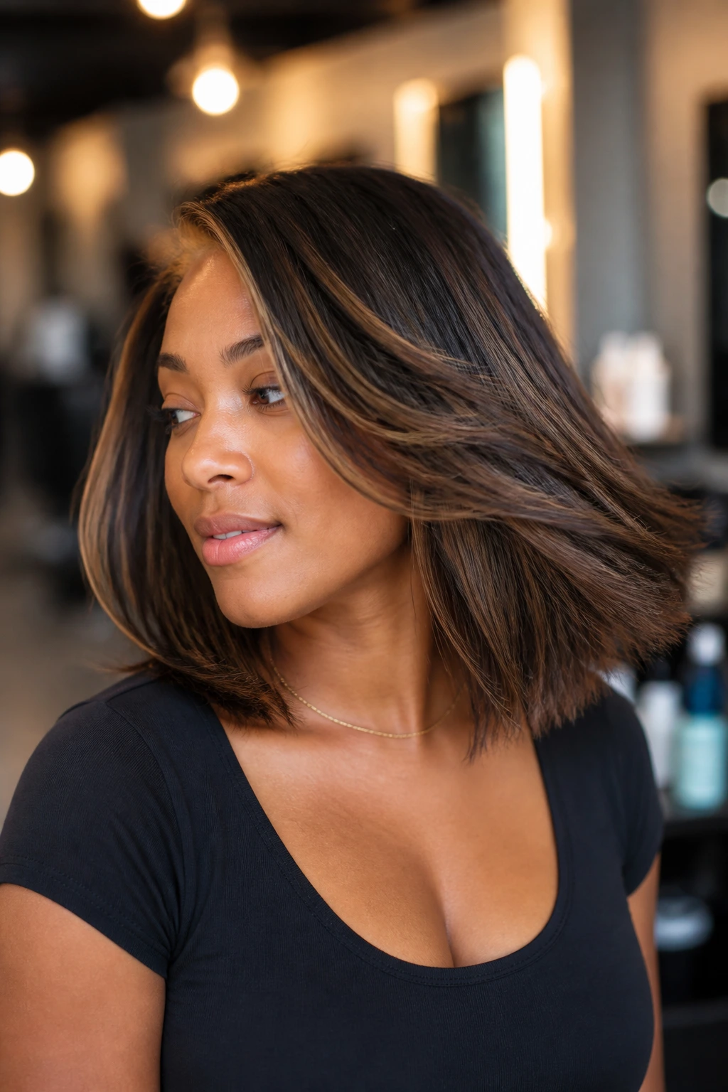 Portrait of a real woman showing cut-and-color rhythm with motion in her bob.