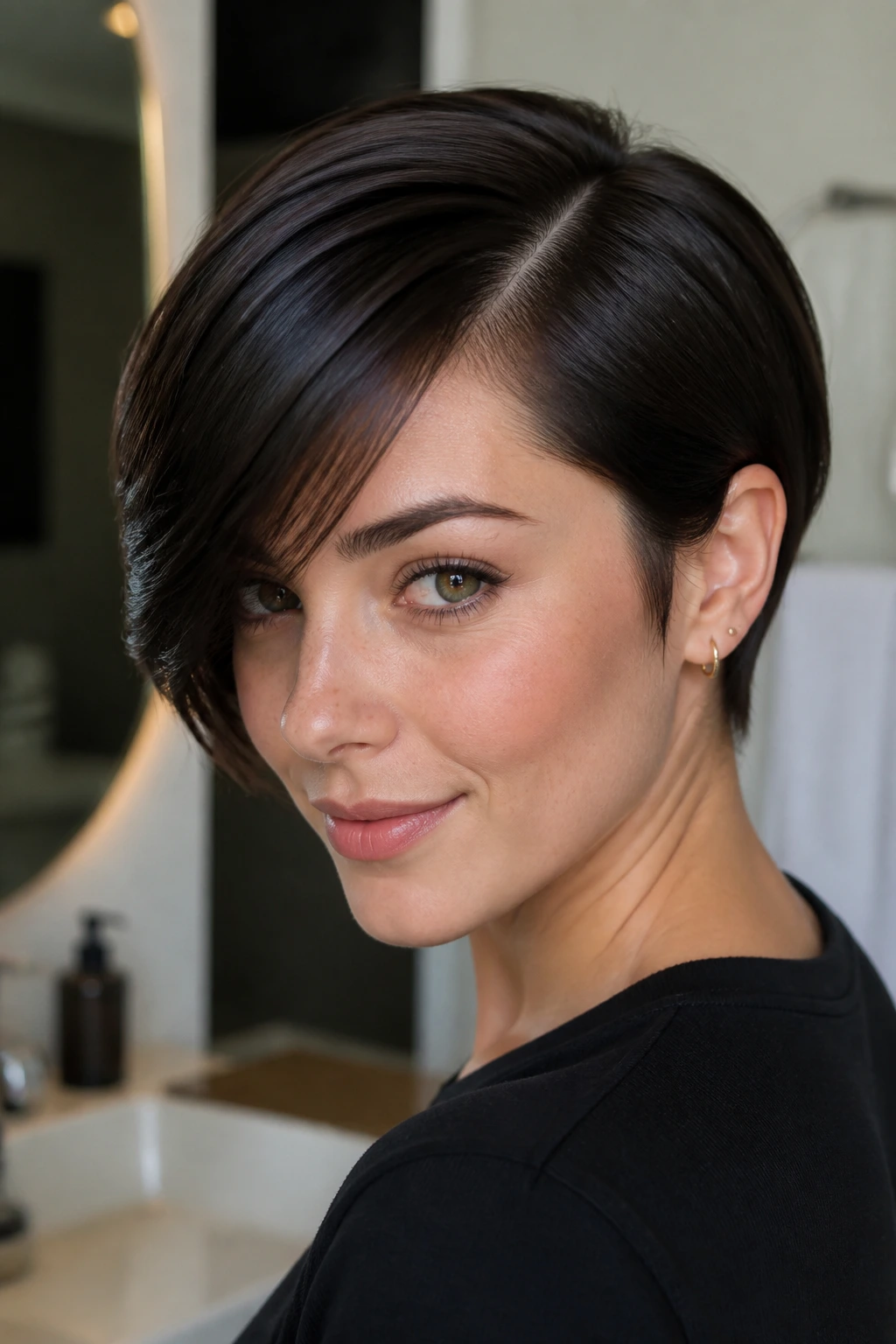 Real person with clearly defined side part and glossy finish.