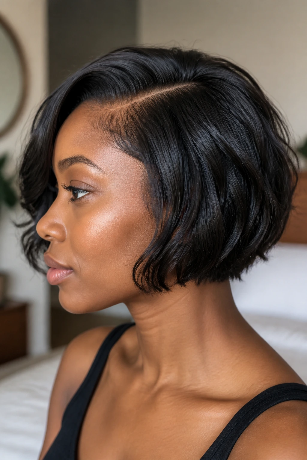 Close-up of a real woman with jaw-length bob showing clean outline and soft texture