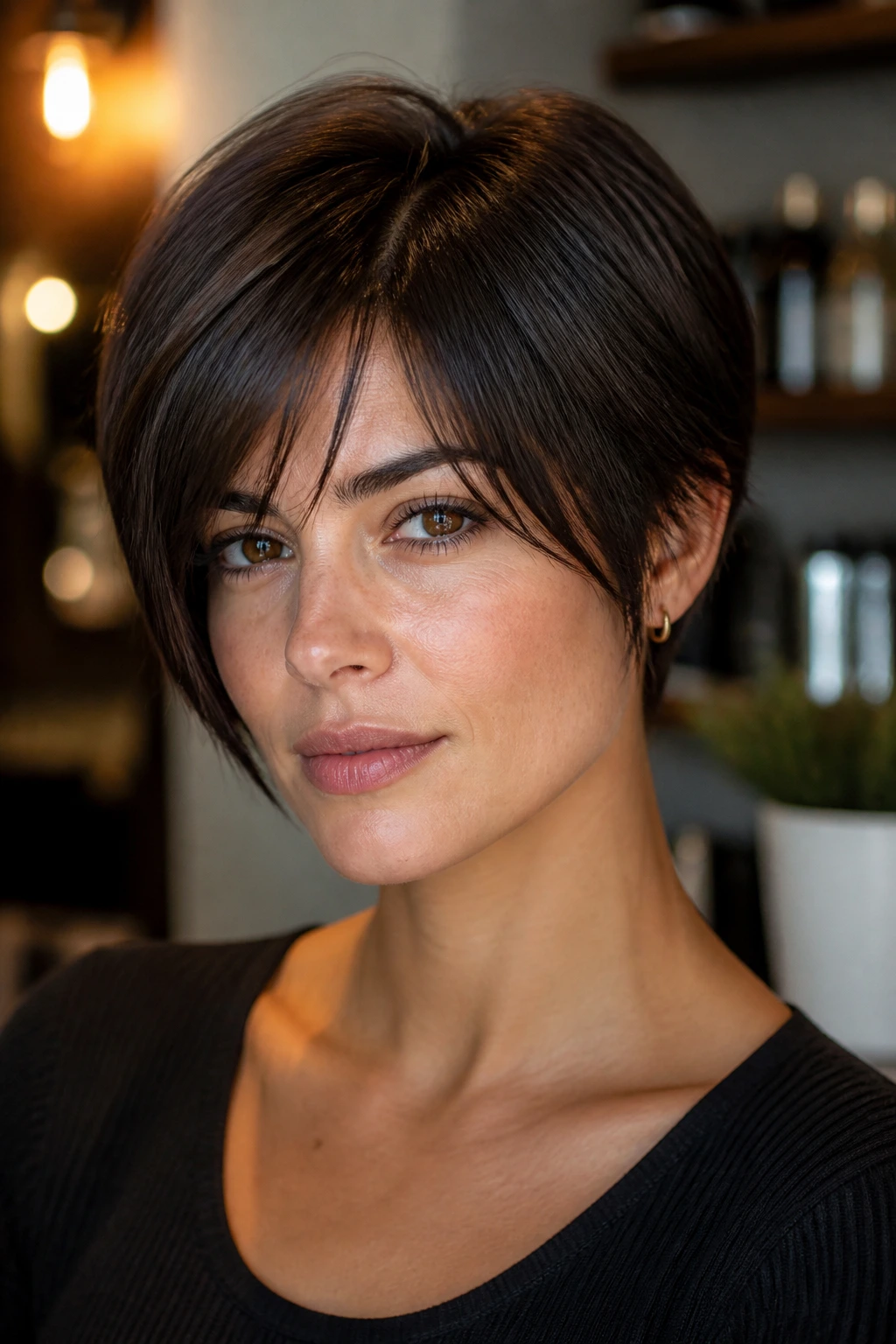 Close-up portrait of real person with espresso-dark short cut and tailored shade.